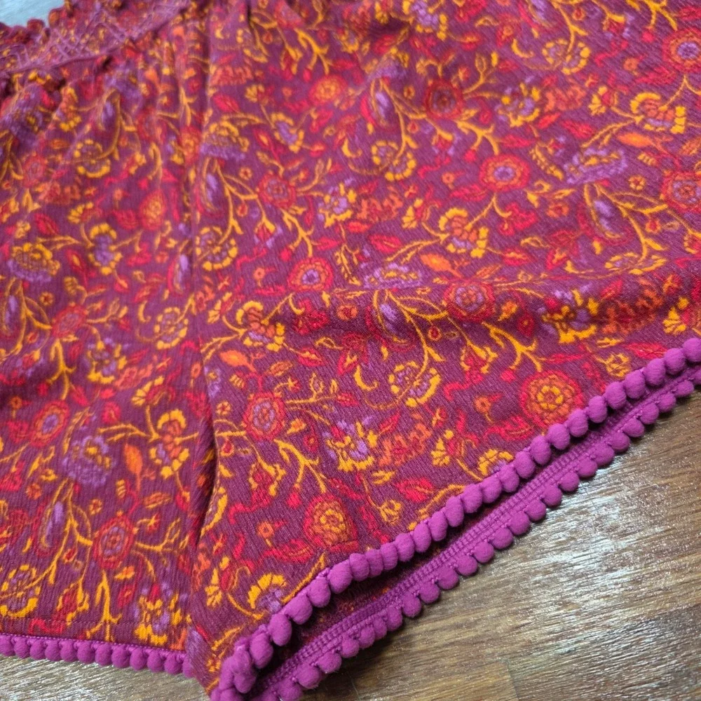 Matilda Jane Girls Red Orange Floral Smocked‎ Pom Pom Trim Shorts Size 16 NWT